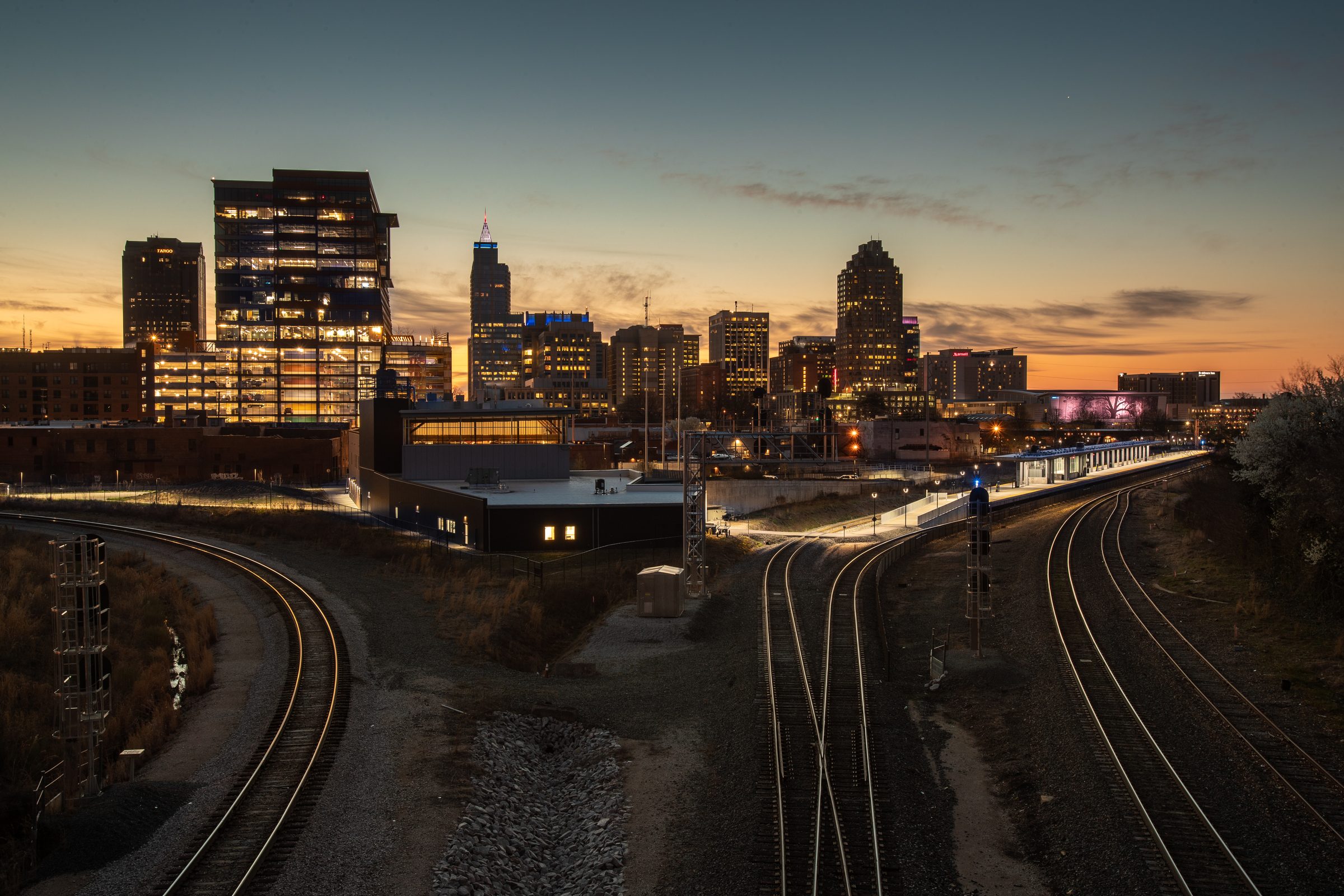 Raleigh skyline at sunrise from the Boylan Avenue bridge